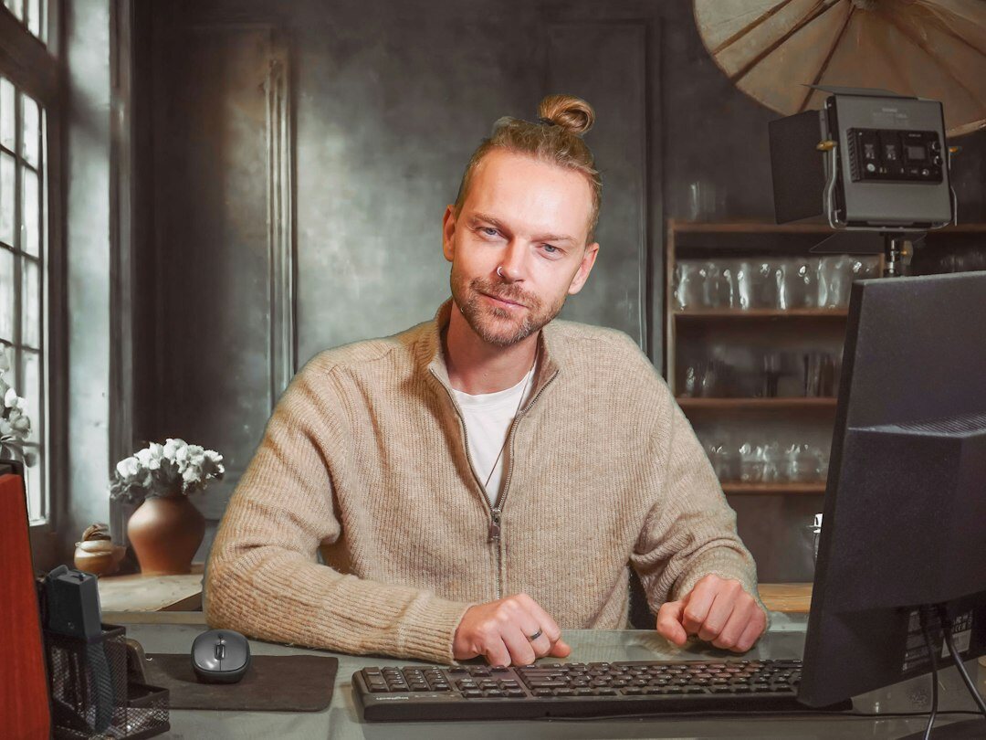 mystery writer at desk